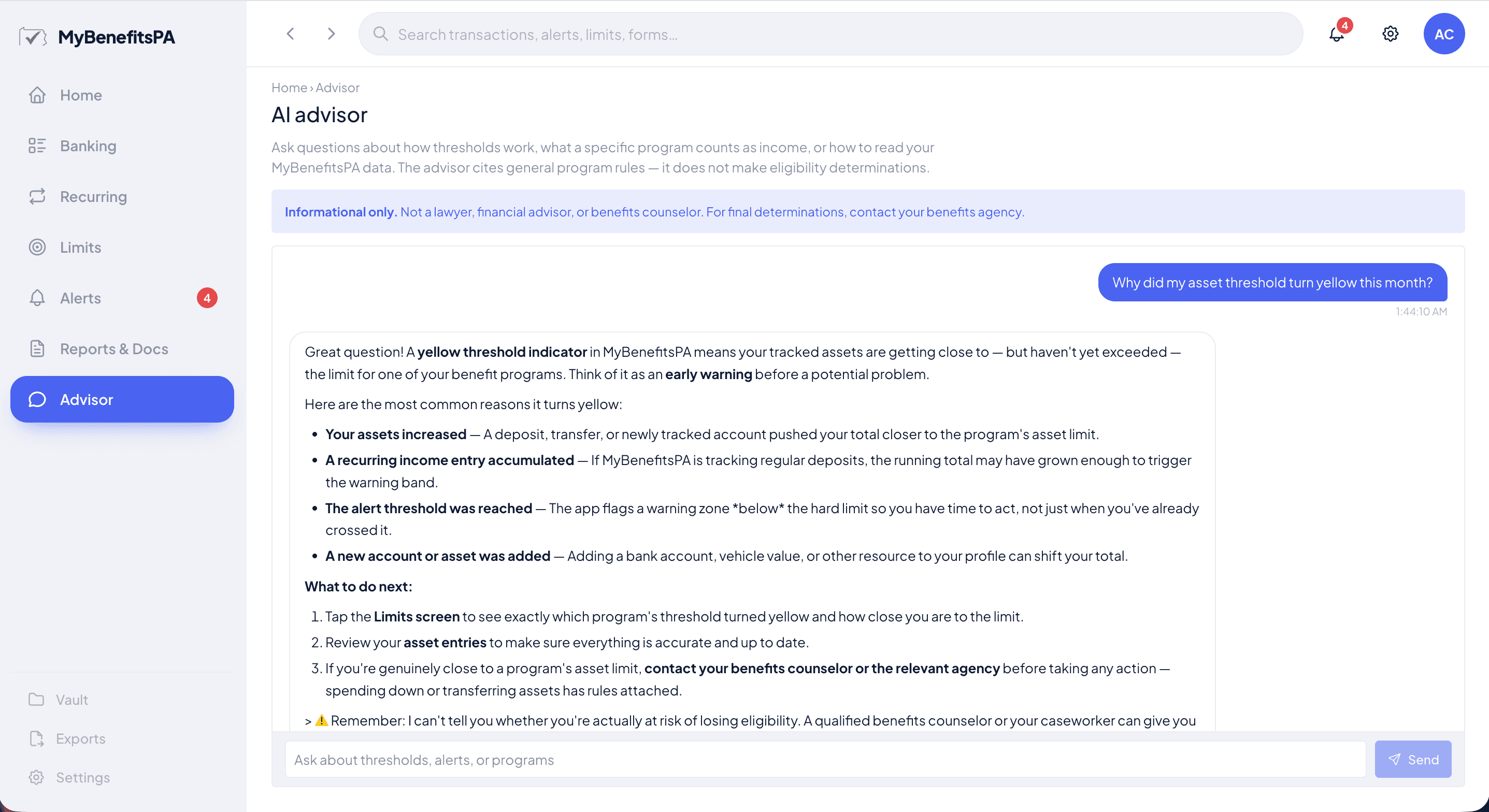 MyBenefitsPA AI advisor answering why an asset threshold turned yellow