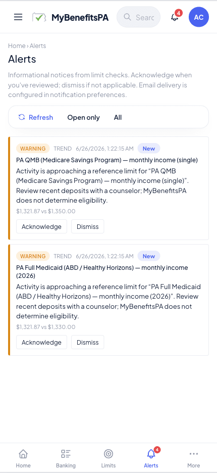 MyBenefitsPA alerts on a phone, warning that income is approaching a program limit