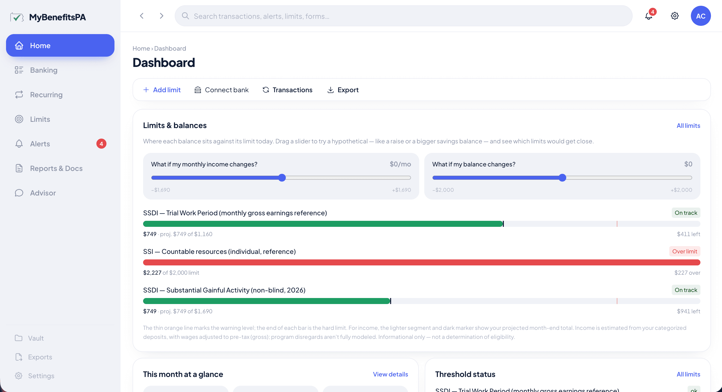 MyBenefitsPA dashboard showing each balance against its limit, with what-if sliders