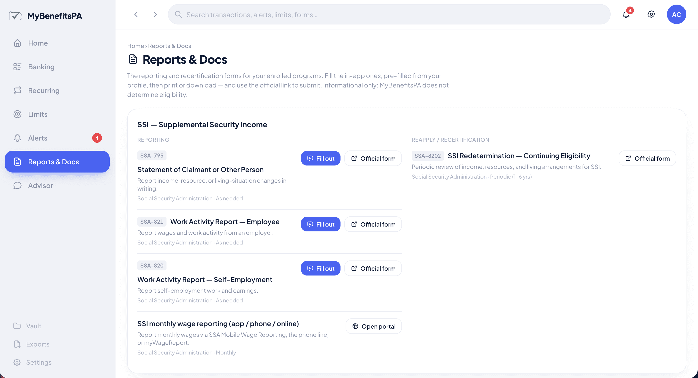 Reports & Docs page listing SSI reporting and recertification forms with Fill out buttons