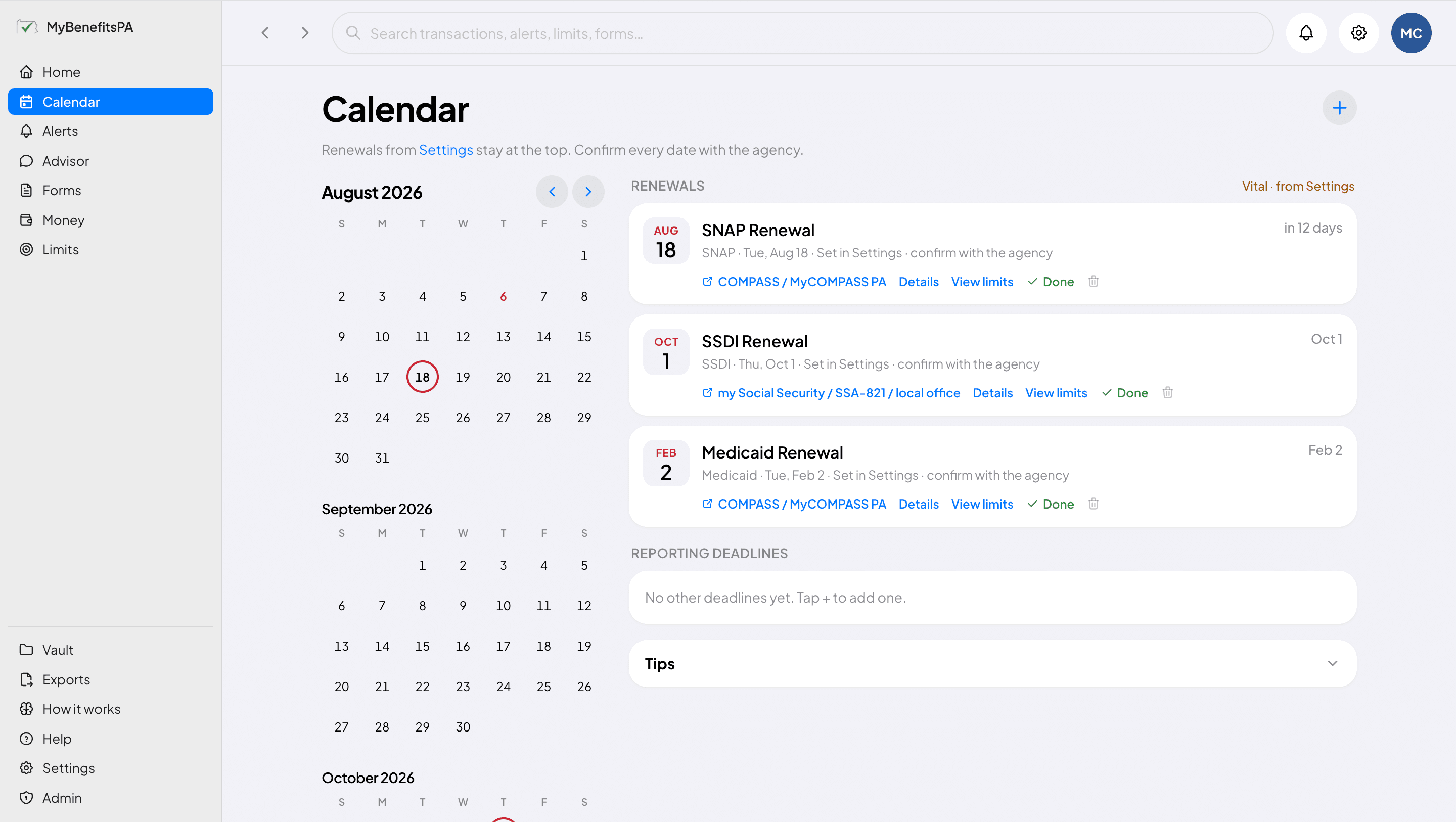 The Bene-Watch calendar with upcoming renewals and due dates